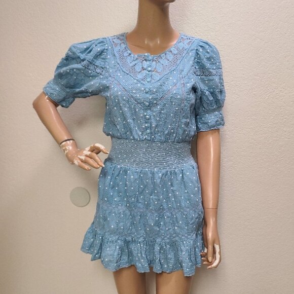 LOVESHACKFANCY JAISLYN BLUE BONNET POLKA DOT SMOCKED WAIST MINI DRESS sz XS - Picture 2 of 8